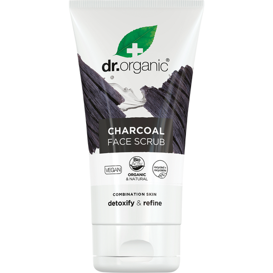 125ml tube of Dr Organic Charcoal Face Scrub for deep cleansing and exfoliating oily, problem skin.