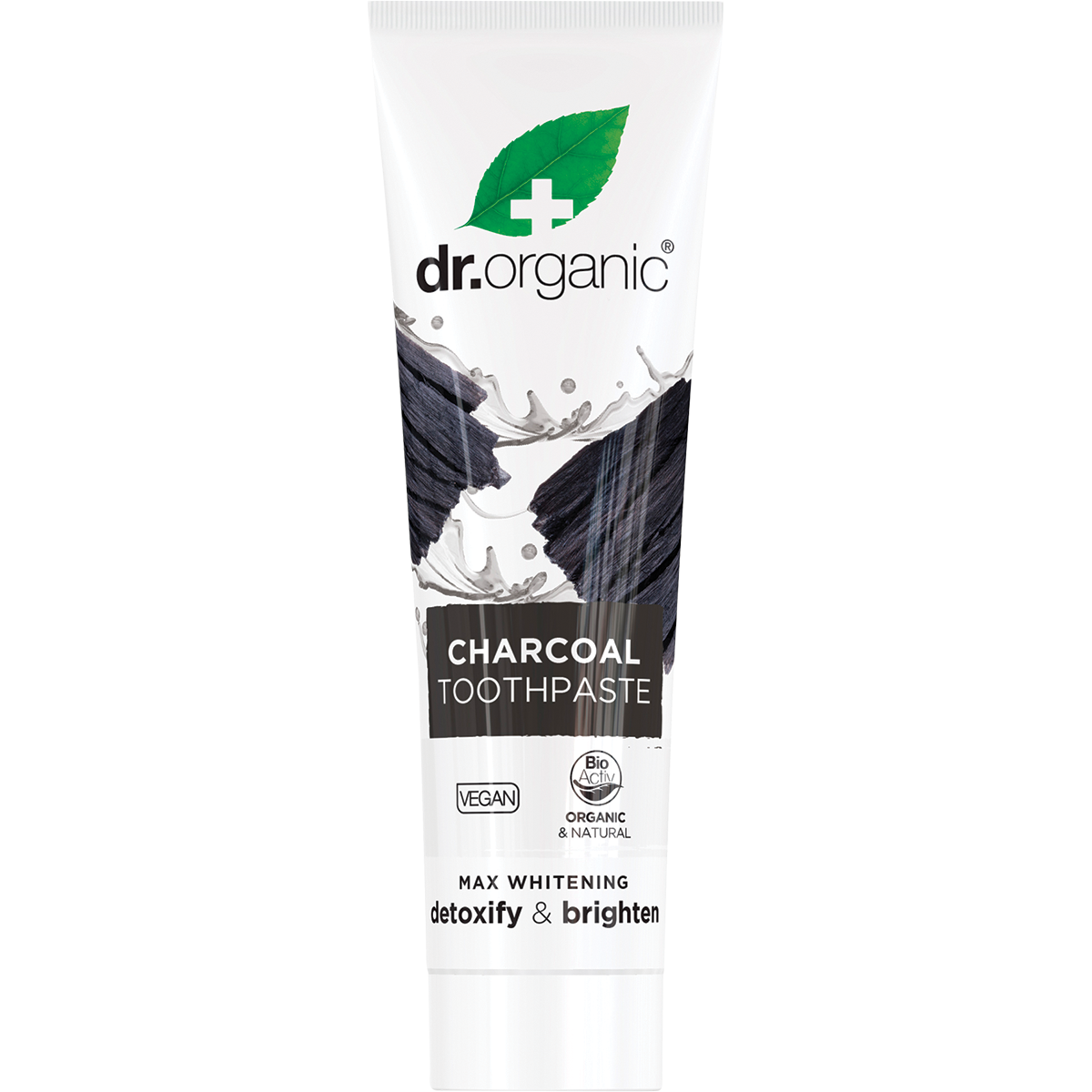 100ml tube of Dr Organic Charcoal Whitening Toothpaste with a grey and silver label on a white background.