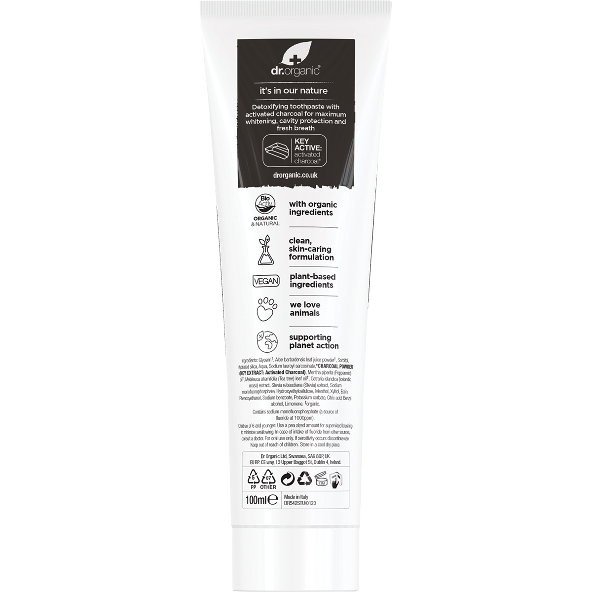 Rear of the Dr Organic Charcoal Toothpaste 100ml tube showing ingredients and directions on a white background.