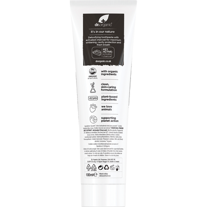 Rear of the Dr Organic Charcoal Toothpaste 100ml tube showing ingredients and directions on a white background.