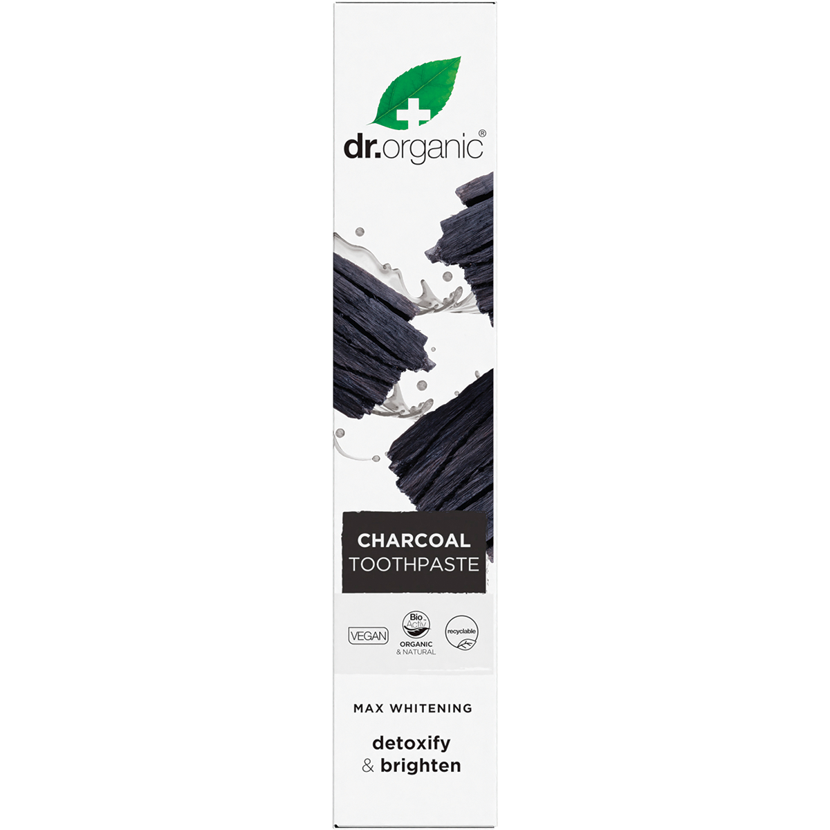 Dr Organic Charcoal Whitening Toothpaste 100ml box featuring charcoal graphics and bioactive natural extracts.