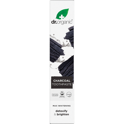 Dr Organic Charcoal Whitening Toothpaste 100ml box featuring charcoal graphics and bioactive natural extracts.