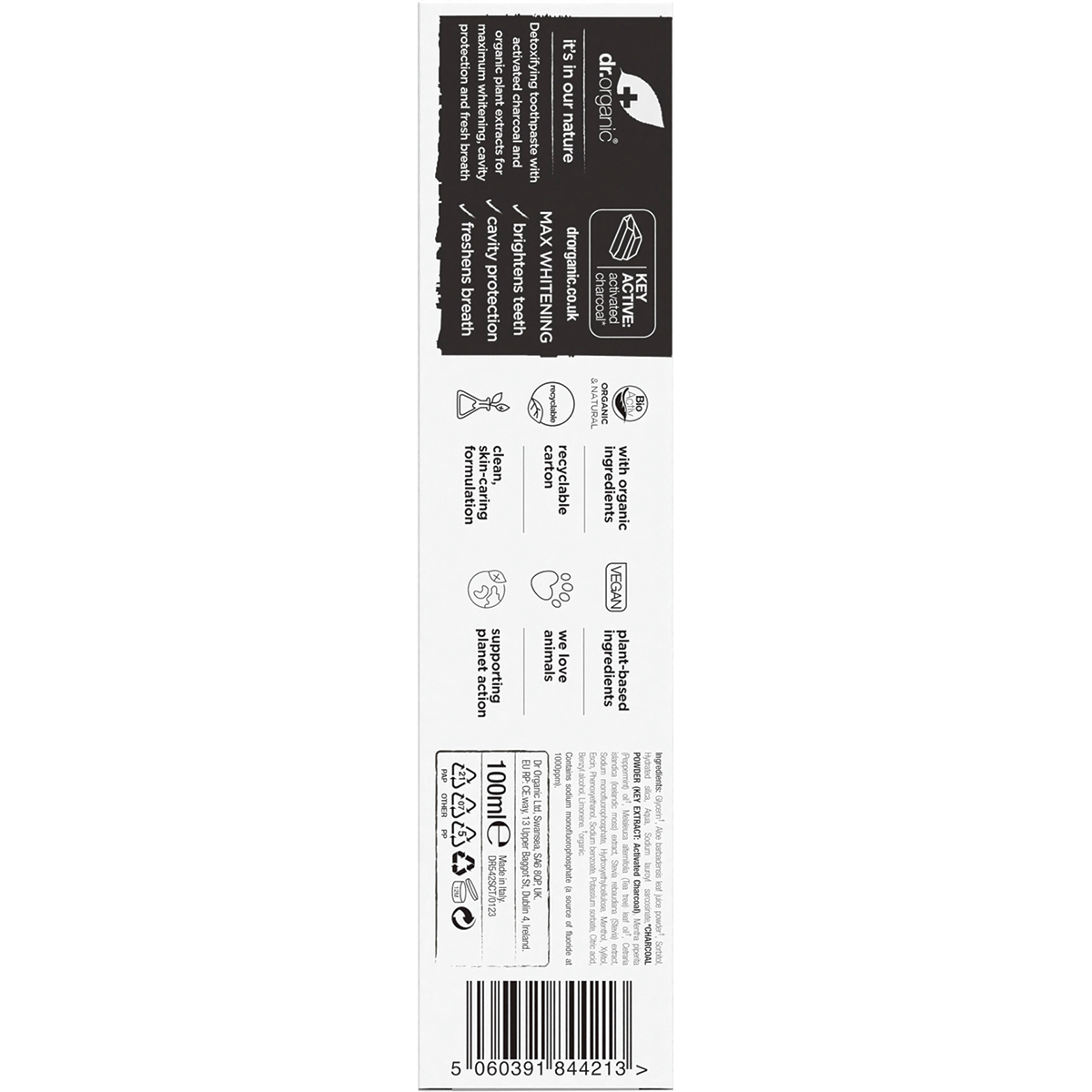 Back of Dr Organic Charcoal Toothpaste box with ingredients, directions, and product benefits on a white background.