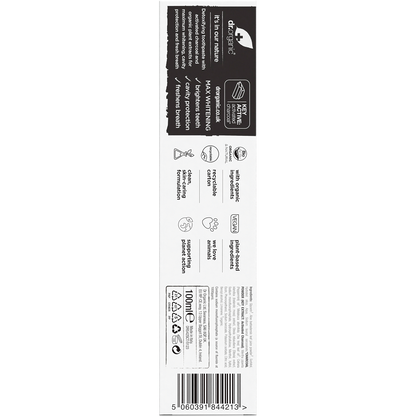 Back of Dr Organic Charcoal Toothpaste box with ingredients, directions, and product benefits on a white background.