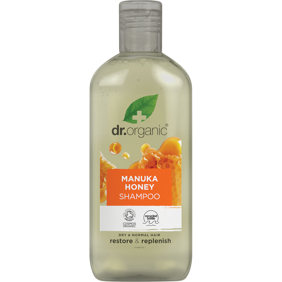 265ml bottle of Dr Organic Manuka Honey Shampoo for normal to dry hair on a white background.