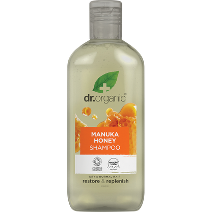 265ml bottle of Dr Organic Manuka Honey Shampoo for normal to dry hair on a white background.