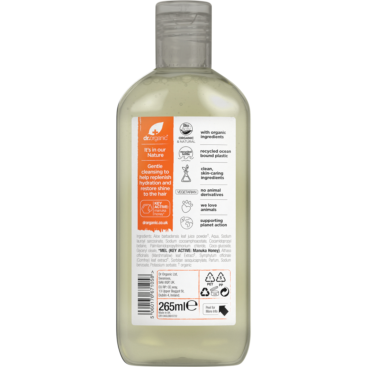 The back of a 265ml Dr Organic Manuka Honey Shampoo bottle showing directions, ingredients, and a barcode.