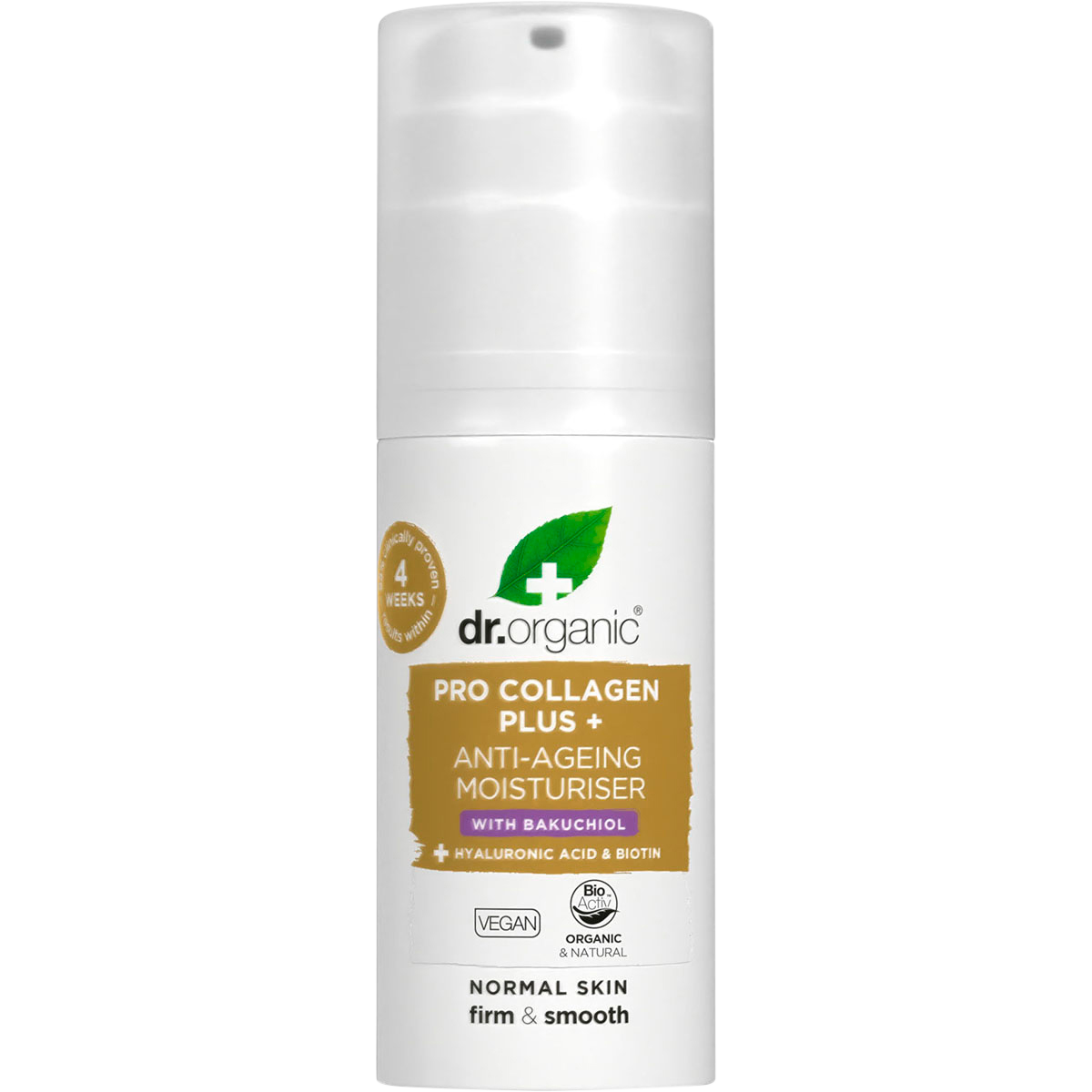 50ml jar of Dr Organic Pro Collagen Plus+ Bakuchiol Anti-Ageing Moisturiser with a white and purple label.