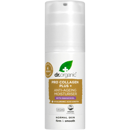 50ml jar of Dr Organic Pro Collagen Plus+ Bakuchiol Anti-Ageing Moisturiser with a white and purple label.
