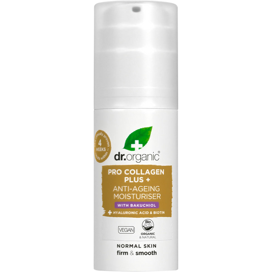 50ml jar of Dr Organic Pro Collagen Plus+ Bakuchiol Anti-Ageing Moisturiser with a white and purple label.