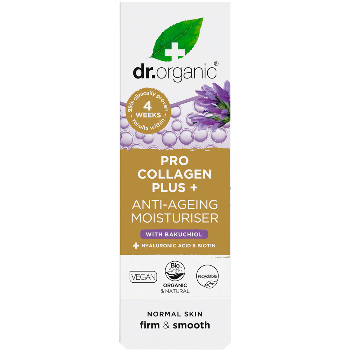 White and purple box of Dr Organic Pro Collagen Plus+ Bakuchiol Anti-Ageing Moisturiser 50ml.