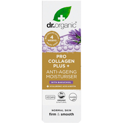 White and purple box of Dr Organic Pro Collagen Plus+ Bakuchiol Anti-Ageing Moisturiser 50ml.