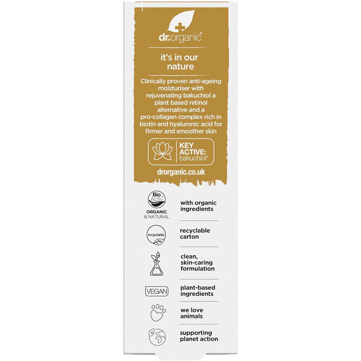 Back of Dr Organic Bakuchiol Moisturiser box with ingredients, directions, and product benefits on a purple background.