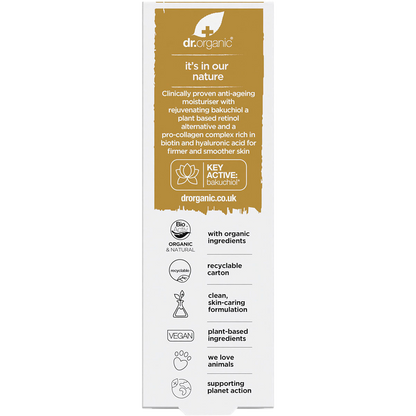 Back of Dr Organic Bakuchiol Moisturiser box with ingredients, directions, and product benefits on a purple background.
