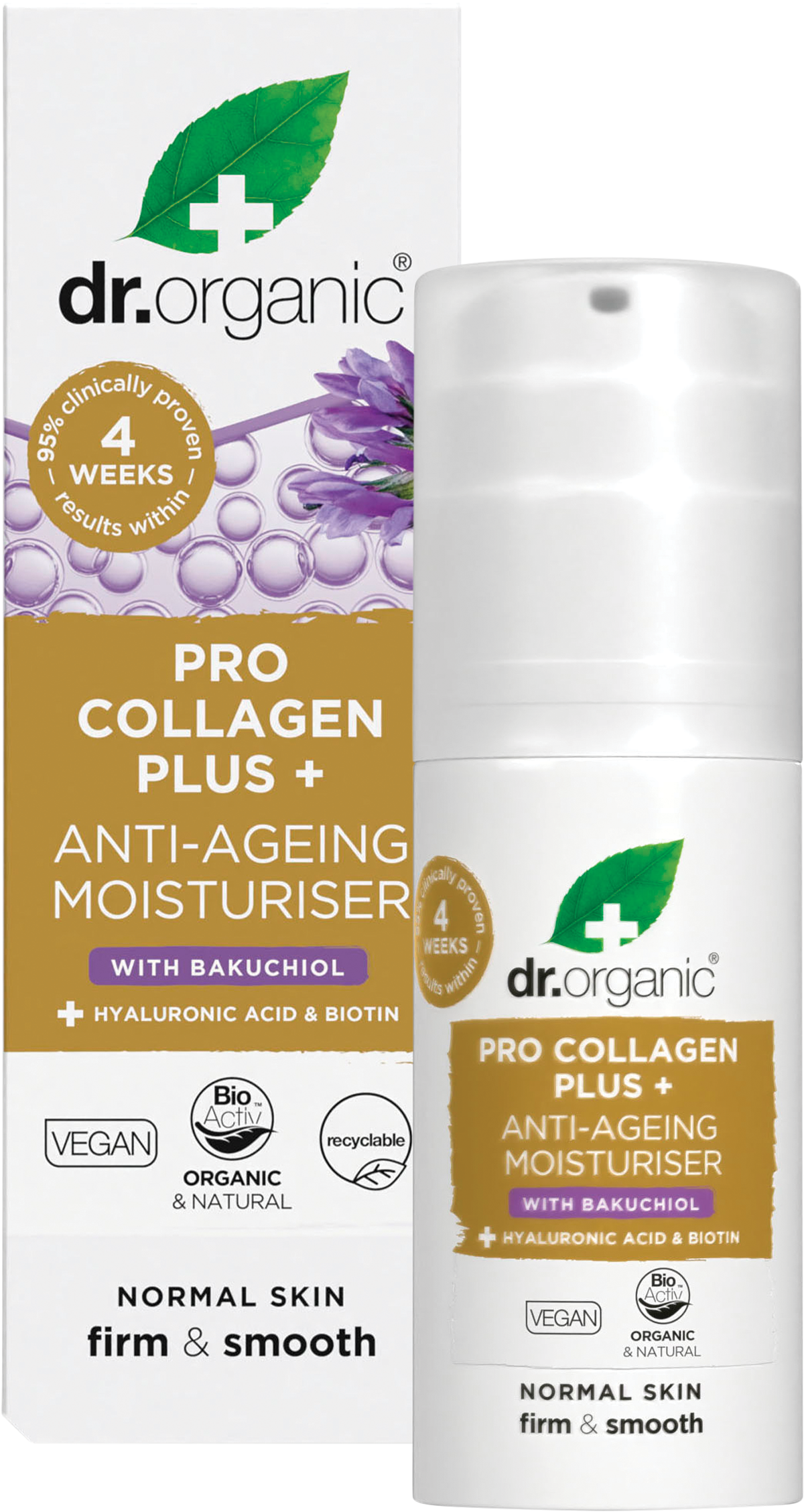 Dr Organic Bakuchiol Anti-Ageing Moisturiser 50ml jar and box with a purple and white label on a white background.