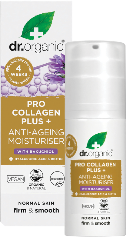 Dr Organic Bakuchiol Anti-Ageing Moisturiser 50ml jar and box with a purple and white label on a white background.
