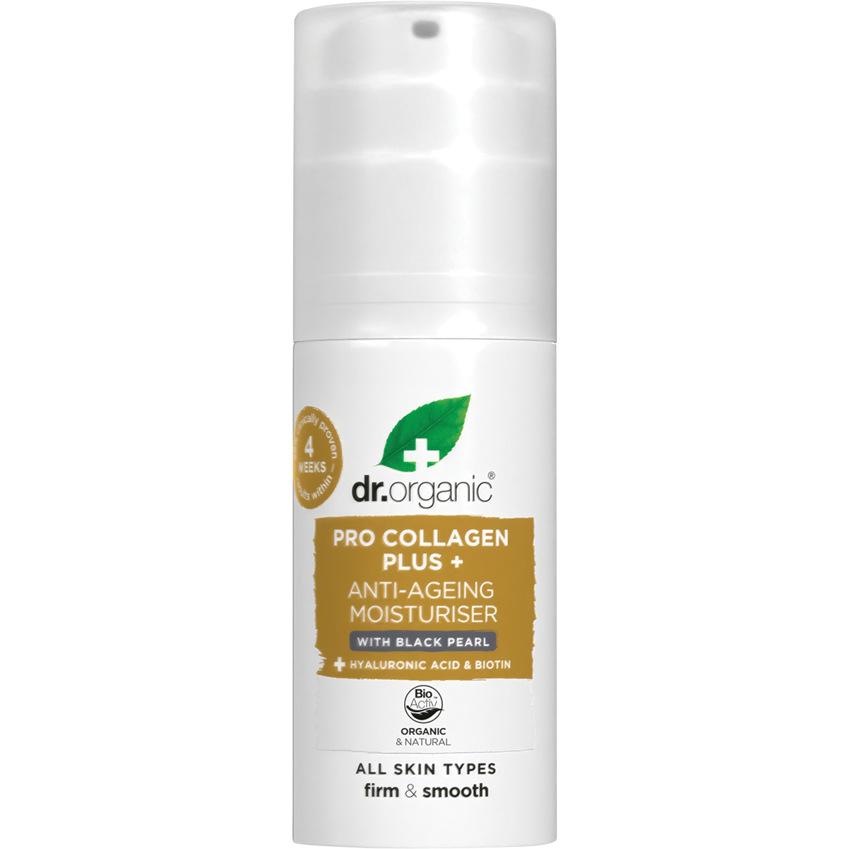 50ml jar of Dr Organic Pro Collagen Plus+ Anti-Ageing Moisturiser with Black Pearl on a white background.