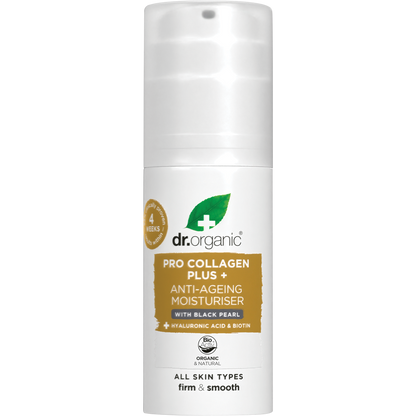 50ml jar of Dr Organic Pro Collagen Plus+ Anti-Ageing Moisturiser with Black Pearl on a white background.