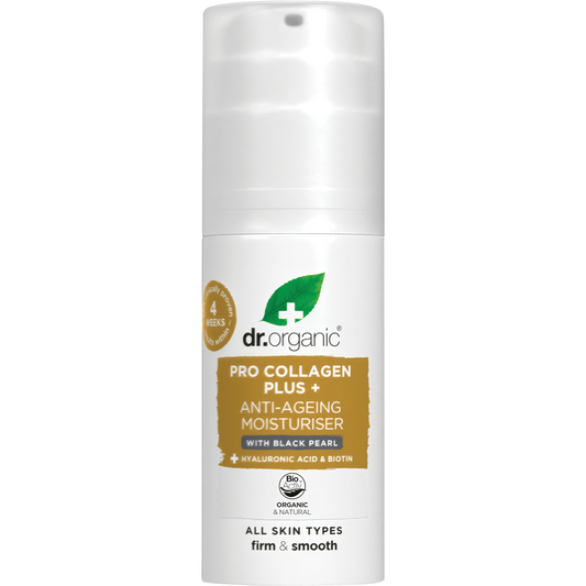50ml jar of Dr Organic Pro Collagen Plus+ Anti-Ageing Moisturiser with Black Pearl on a white background.