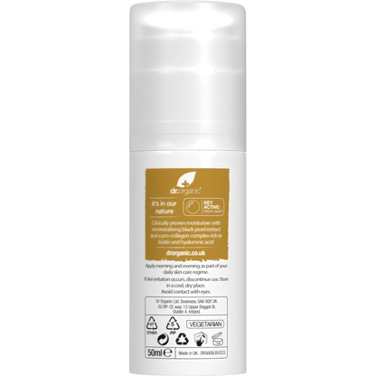 Back view of a 50ml jar of Dr Organic Black Pearl Anti-Ageing Moisturiser on a white background.