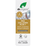 Front of Dr Organic Pro Collagen Black Pearl moisturiser box featuring a gray and white design on a white background.