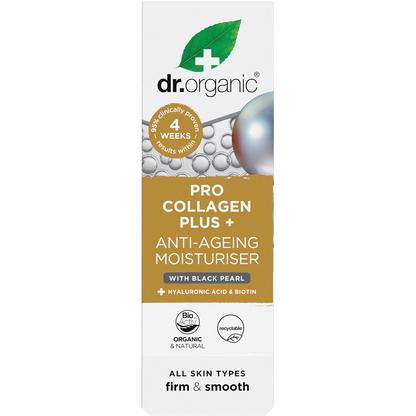 Front of Dr Organic Pro Collagen Black Pearl moisturiser box featuring a gray and white design on a white background.