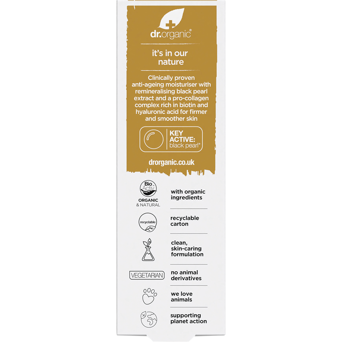 Back of a Dr Organic Pro Collagen Black Pearl moisturiser box with ingredients, directions, and product benefits.
