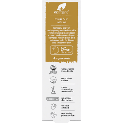 Back of a Dr Organic Pro Collagen Black Pearl moisturiser box with ingredients, directions, and product benefits.
