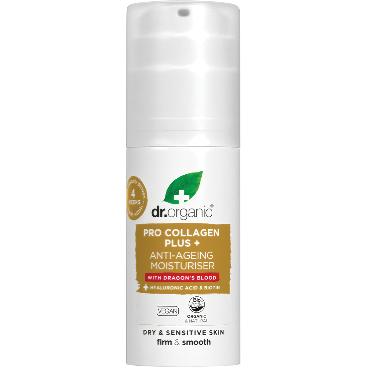 50ml jar of Dr Organic Pro Collagen Plus+ Dragon's Blood anti-ageing moisturiser on a white background.