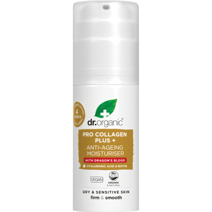 50ml jar of Dr Organic Pro Collagen Plus+ Dragon's Blood anti-ageing moisturiser on a white background.