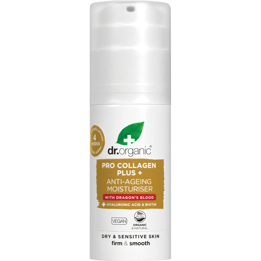 50ml jar of Dr Organic Pro Collagen Plus+ Dragon's Blood anti-ageing moisturiser on a white background.