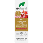 Front of Dr Organic Dragon's Blood moisturiser box with red and white design and pro-collagen benefits on white.