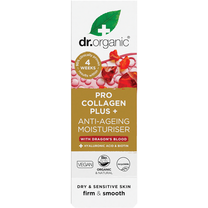 Front of Dr Organic Dragon's Blood moisturiser box with red and white design and pro-collagen benefits on white.