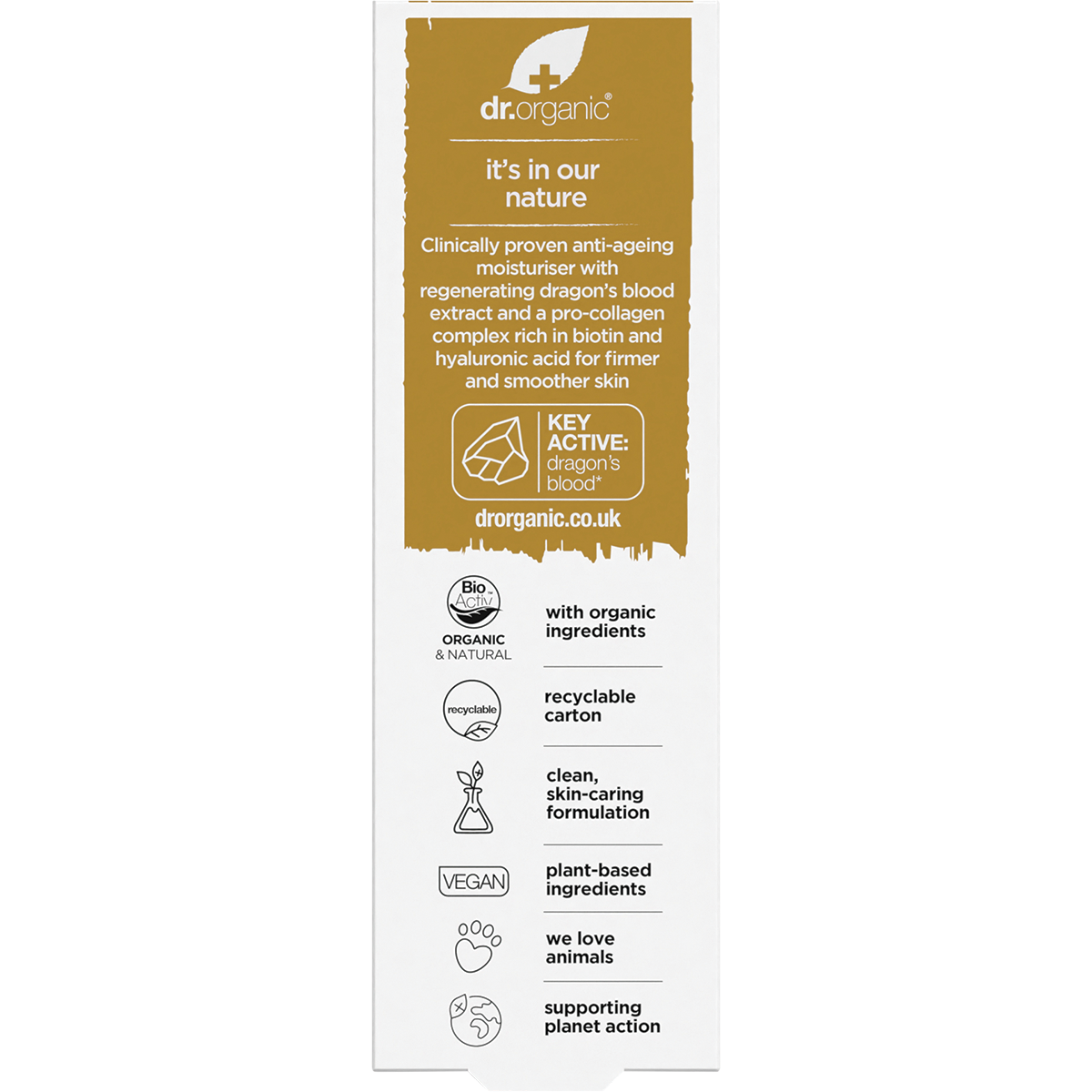 Back of Dr Organic Dragon's Blood moisturiser box with ingredients, directions, and product benefits on white.