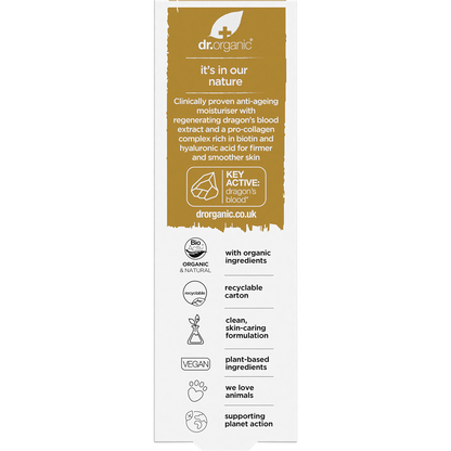 Back of Dr Organic Dragon's Blood moisturiser box with ingredients, directions, and product benefits on white.