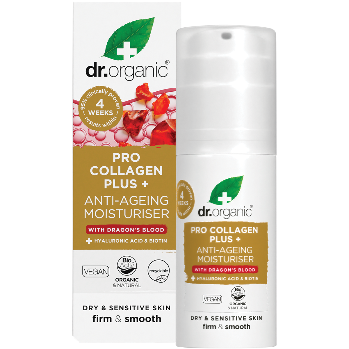 Dr Organic Pro Collagen Plus+ Dragon's Blood 50ml jar and box on a white background.