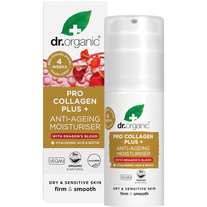 Dr Organic Pro Collagen Plus+ Dragon's Blood 50ml jar and box on a white background.