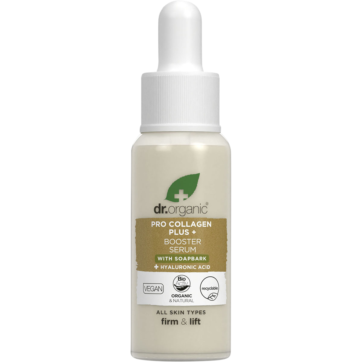 Dr. Organic Pro Collagen Plus+ Booster Serum Soapbark 30ml bottle with a dropper on a white background.
