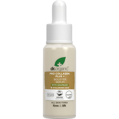 Dr. Organic Pro Collagen Plus+ Booster Serum Soapbark 30ml bottle with a dropper on a white background.