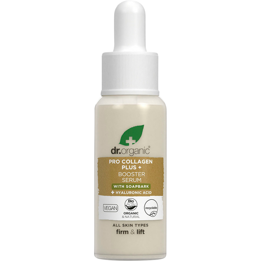 Dr. Organic Pro Collagen Plus+ Booster Serum Soapbark 30ml bottle with a dropper on a white background.
