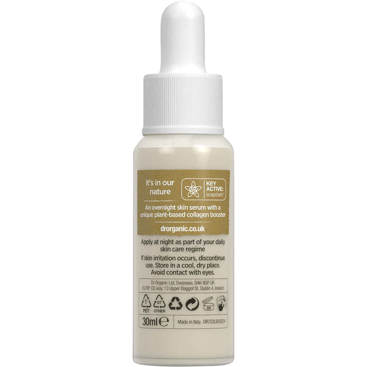 Back label of Dr. Organic Pro Collagen Plus+ Booster Serum 30ml bottle showing ingredients and directions.