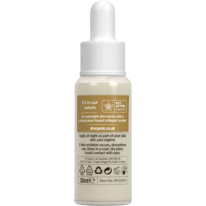 Back label of Dr. Organic Pro Collagen Plus+ Booster Serum 30ml bottle showing ingredients and directions.