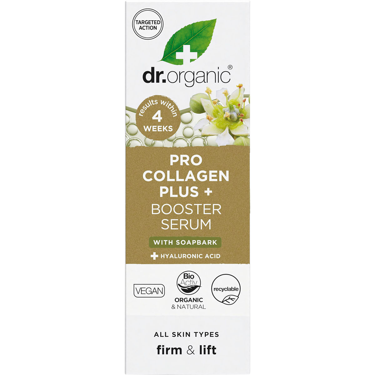 Front of Dr. Organic Pro Collagen Plus+ Booster Serum 30ml retail box featuring soapbark and healthy-aging benefits.