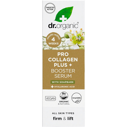 Front of Dr. Organic Pro Collagen Plus+ Booster Serum 30ml retail box featuring soapbark and healthy-aging benefits.