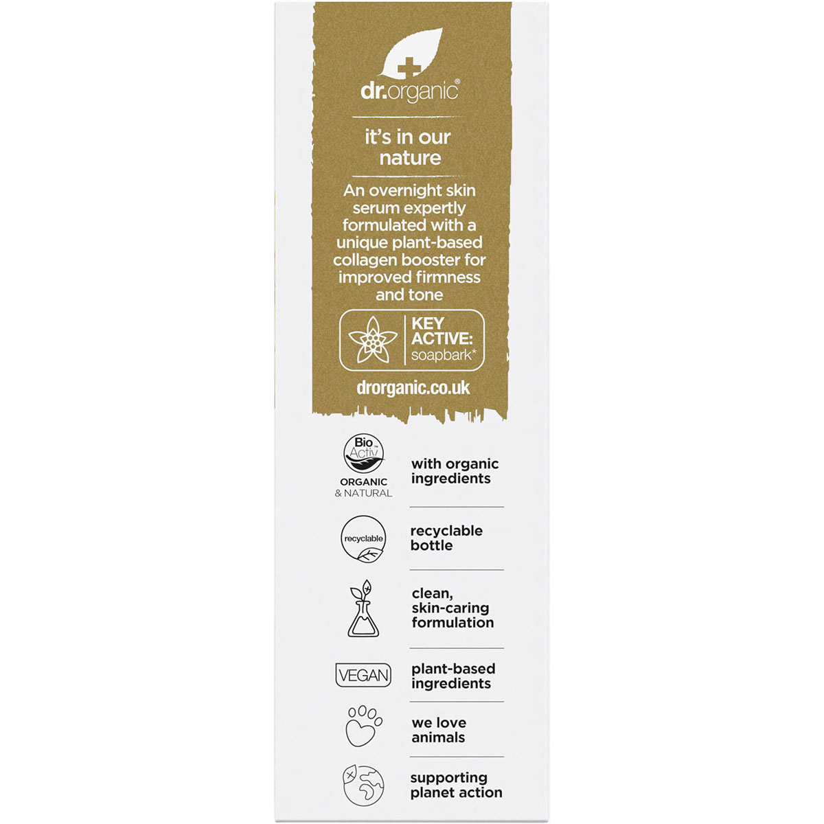 Back of Dr. Organic Pro Collagen Plus+ Soapbark Serum retail box showing ingredients, usage, and key benefits.
