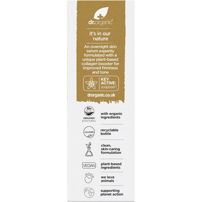 Back of Dr. Organic Pro Collagen Plus+ Soapbark Serum retail box showing ingredients, usage, and key benefits.