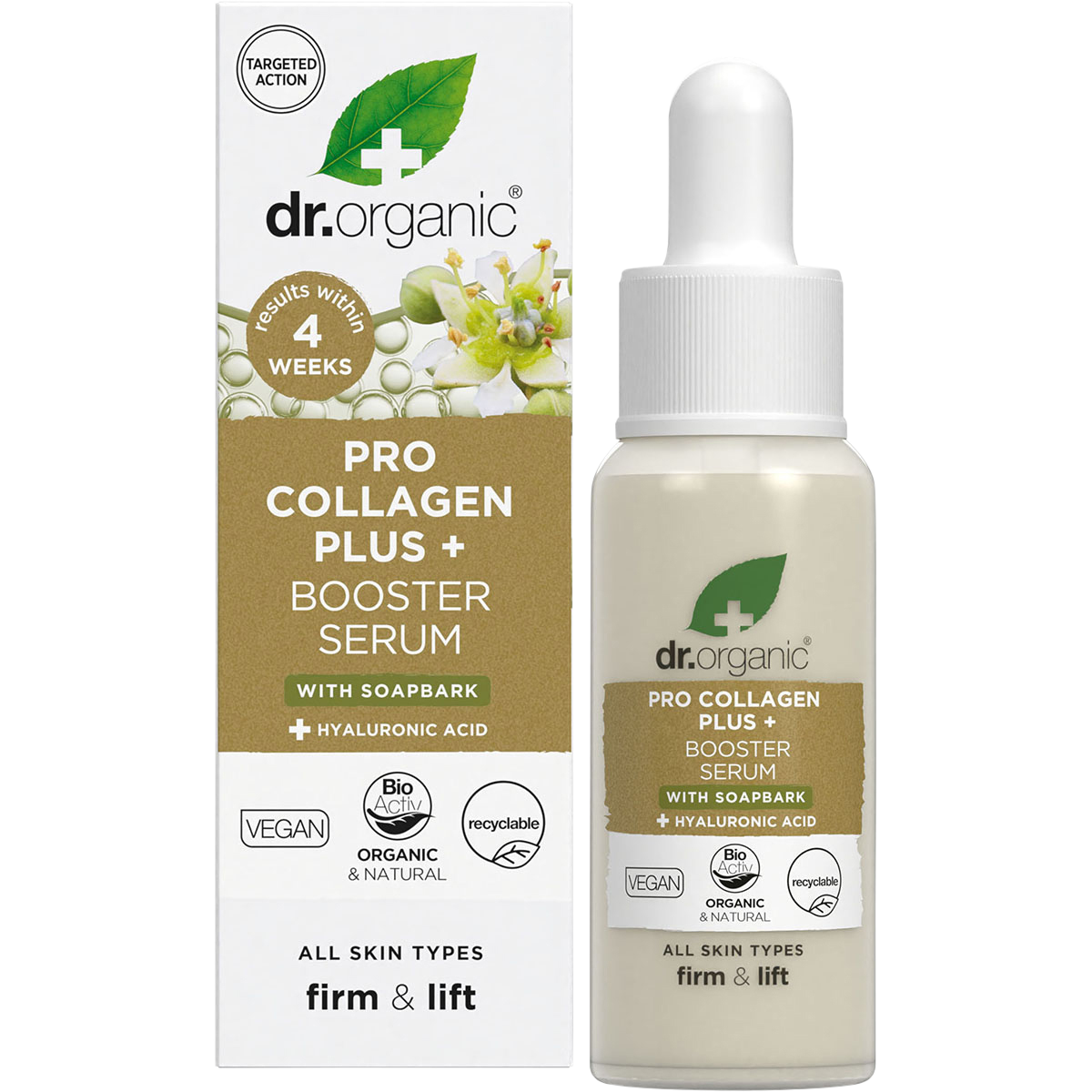 Dr. Organic Soapbark Booster Serum 30ml bottle and retail box with a dropper against a white background.