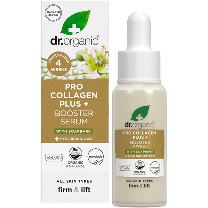 Dr. Organic Soapbark Booster Serum 30ml bottle and retail box with a dropper against a white background.