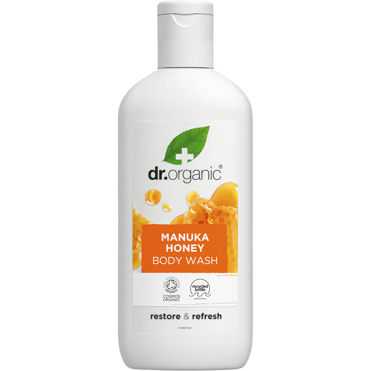 250ml bottle of Dr Organic Manuka Honey Body Wash with a yellow label and orange cap.
