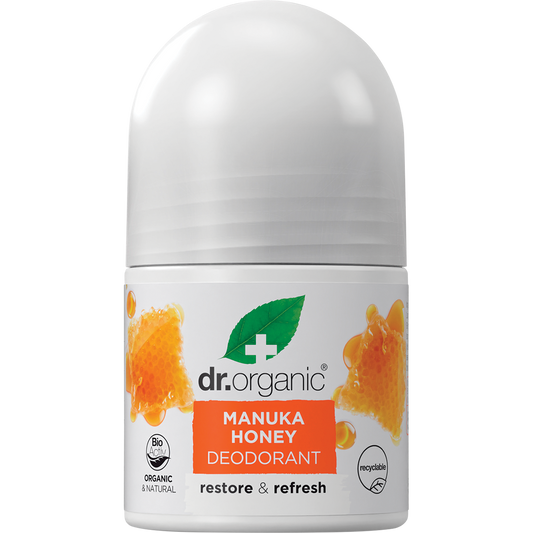 50ml bottle of Dr Organic Manuka Honey Roll-On Deodorant with a white cap and yellow label on a white background.